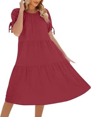 ZYXTIM Womens 2024 Summer Ruffle Short Sleeve Sundress Flowy Swing Dress Casual Loose Smocked Midi Dress Cute Sundress